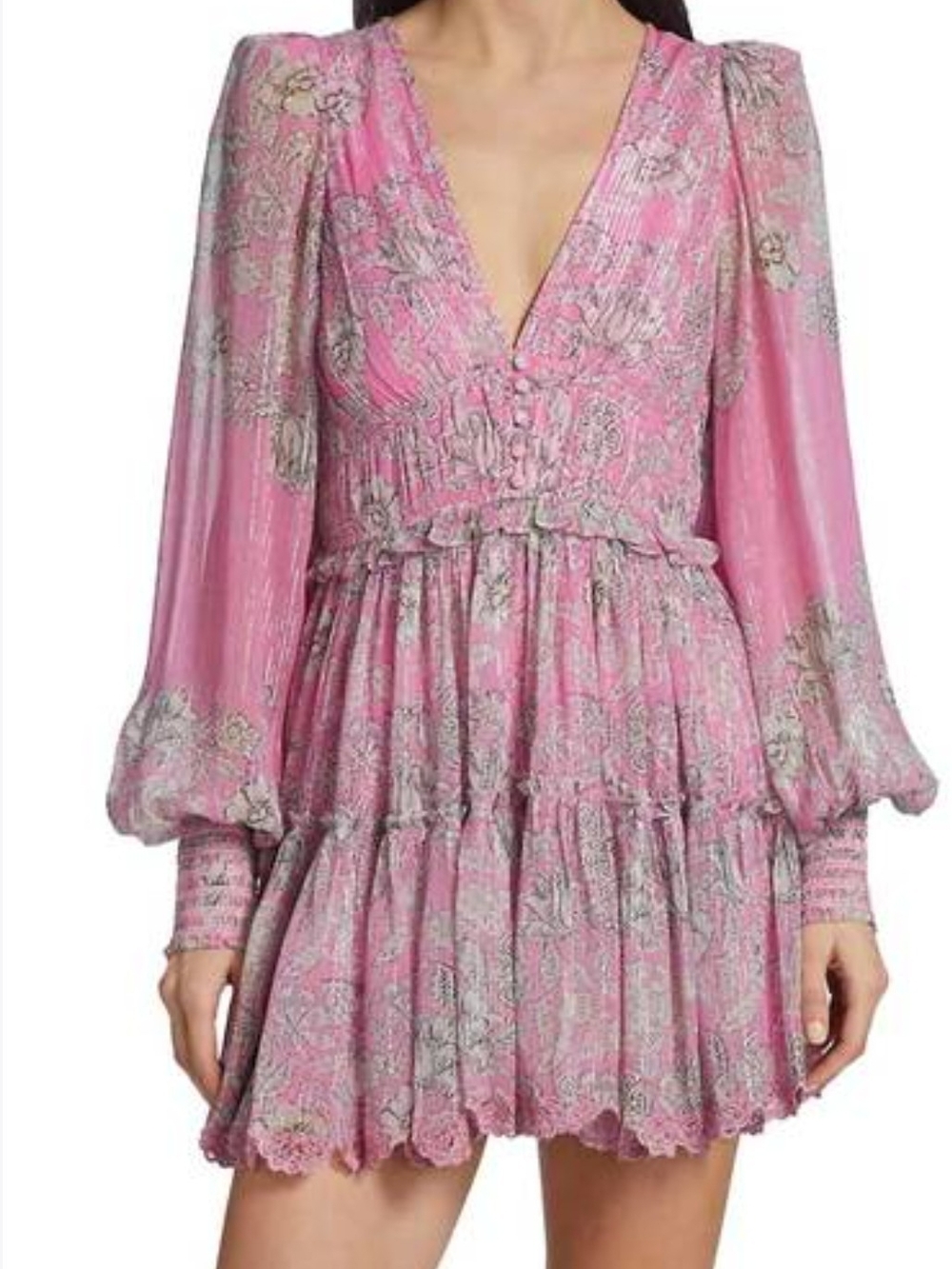 HEMANT & NANDITA Pink Paisley V-Neck Tiered Mini Dress